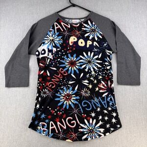 LuLaRoe Randy Top Womens Medium Gray Fireworks‎ Pop Bang Patriotic Raglan